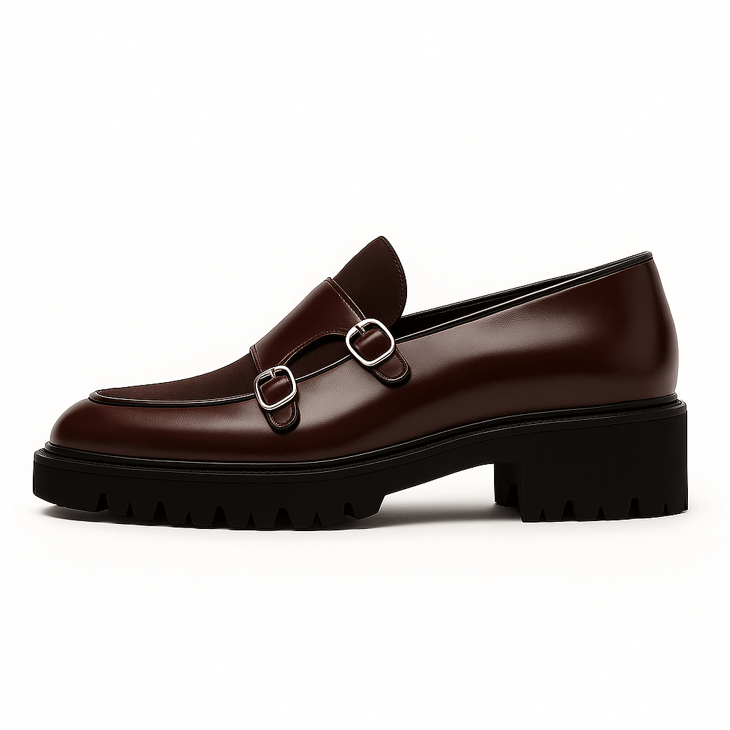 Mocassins homme à double boucle en cuir et daim, semelle crantée épaisse, chaussures habillées