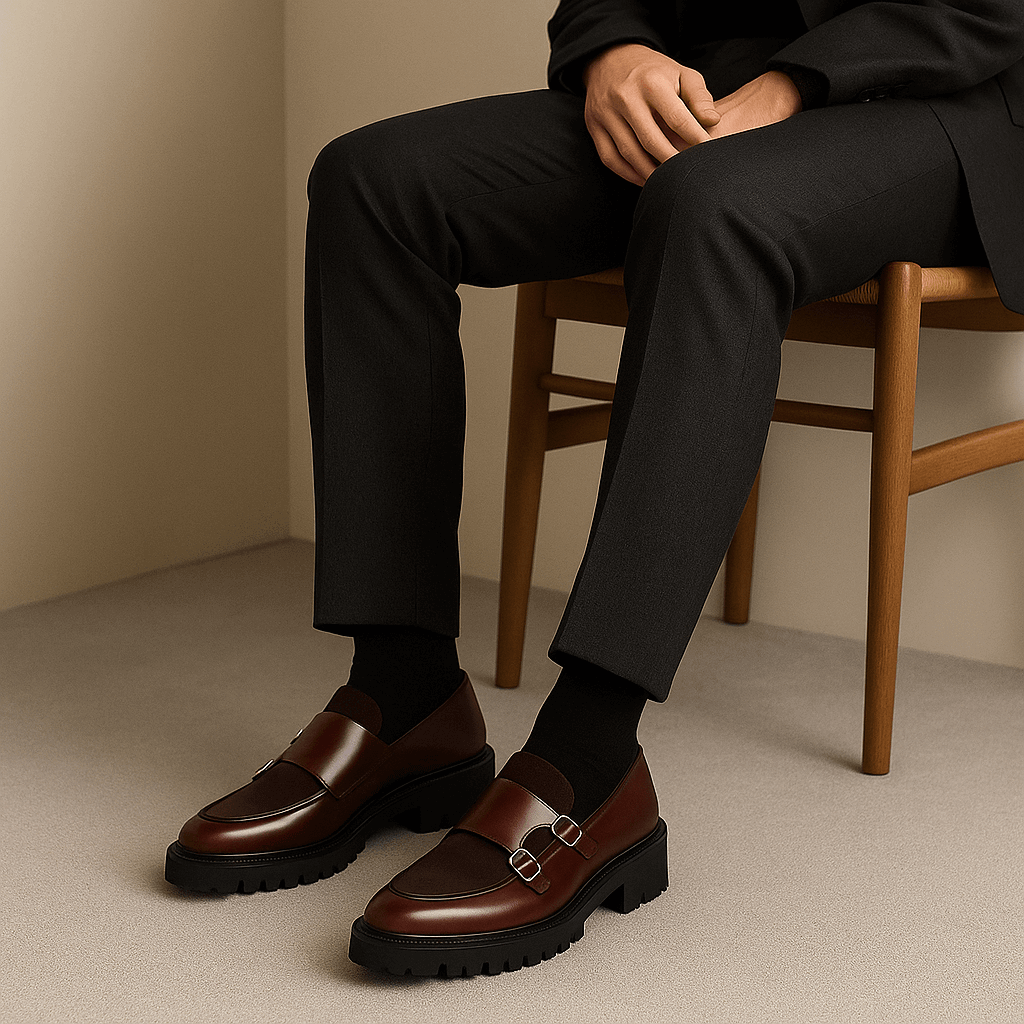 Mocassins homme à double boucle en cuir et daim, semelle crantée épaisse, chaussures habillées