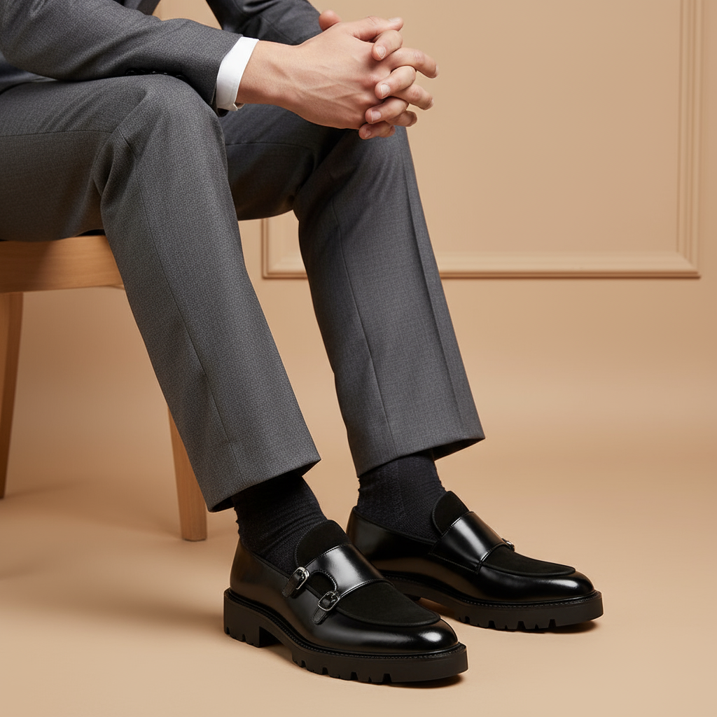 Mocassins homme à double boucle en cuir et daim, semelle crantée épaisse, chaussures habillées