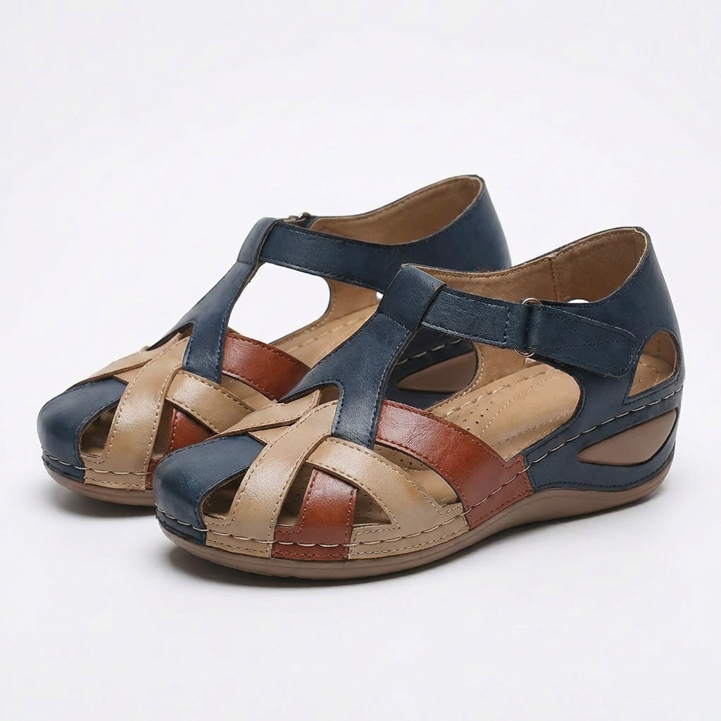 Women’s Closed Toe Gladiator Sandals Synthetic Leather Low Wedge Walking Shoes