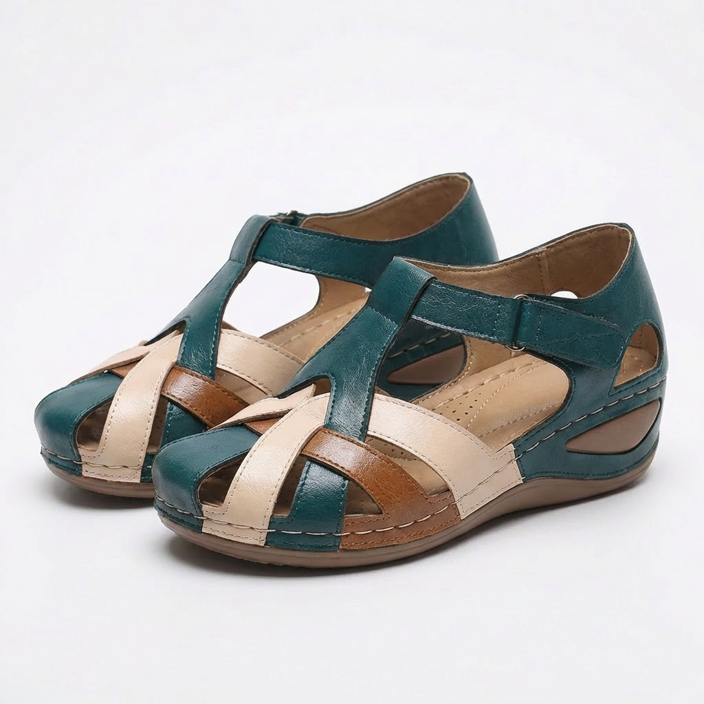 Women’s Closed Toe Gladiator Sandals Synthetic Leather Low Wedge Walking Shoes