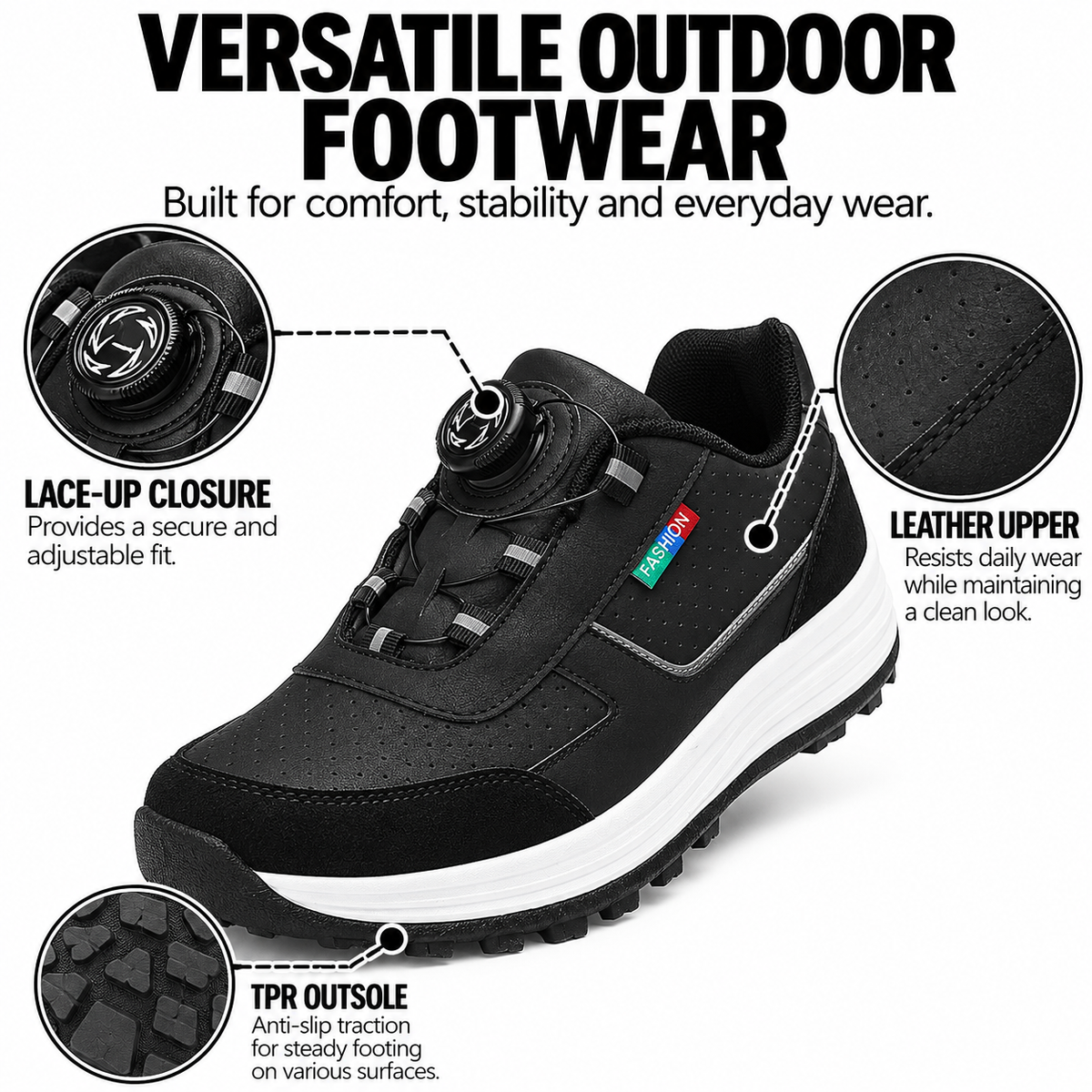 Men's Leather Golf Shoes – Non-Slip TPR Outsole & Comfortable PU Insole