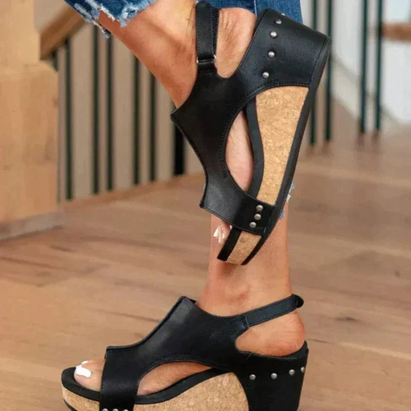 Sandales compensées pour femmes en similicuir, bout ouvert, à enfiler, semelle plateforme rembourrée, chaussures de marche