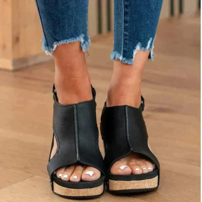 Sandales compensées pour femmes en similicuir, bout ouvert, à enfiler, semelle plateforme rembourrée, chaussures de marche
