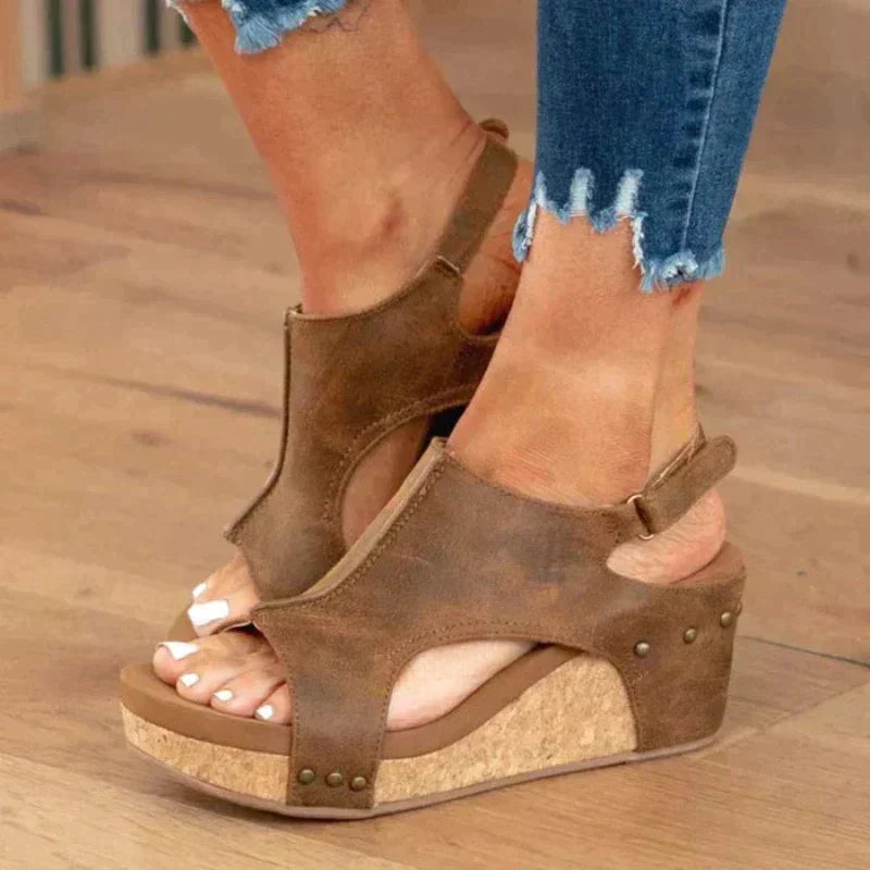 Sandales compensées pour femmes en similicuir, bout ouvert, à enfiler, semelle plateforme rembourrée, chaussures de marche