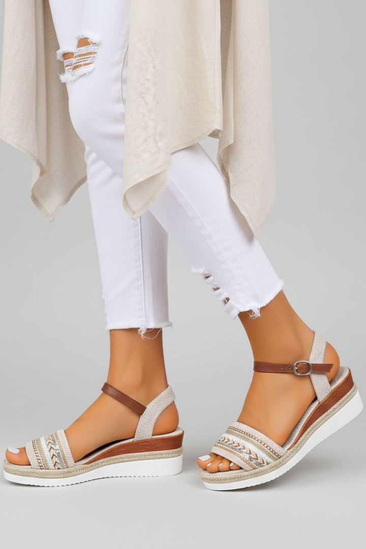 Sandales compensées pour femmes en espadrille, bout ouvert, bride cheville avec semelle ergonomique