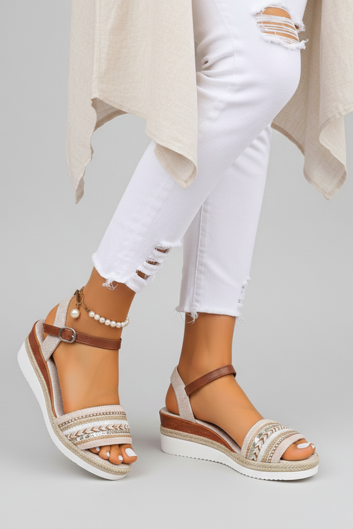 Sandales compensées pour femmes en espadrille, bout ouvert, bride cheville avec semelle ergonomique