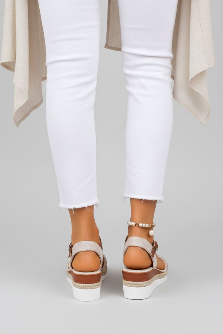 Sandales compensées pour femmes en espadrille, bout ouvert, bride cheville avec semelle ergonomique