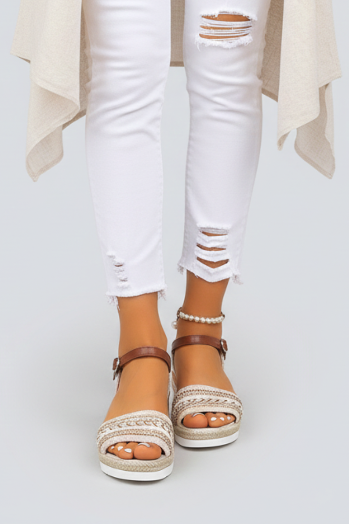 Sandales compensées pour femmes en espadrille, bout ouvert, bride cheville avec semelle ergonomique