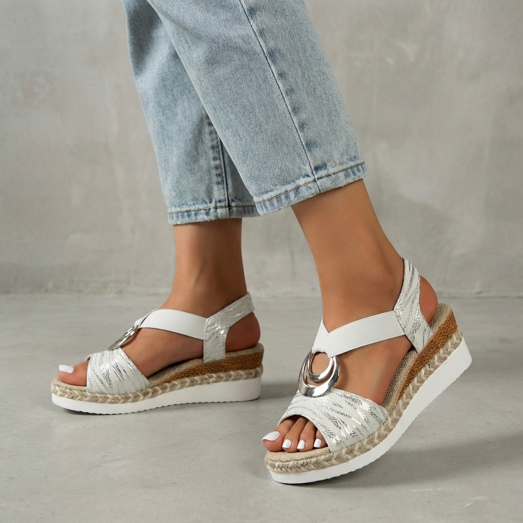 Dámské espadrilky na klínku s elastickým páskem na kotníku, otevřenou špičkou a platformou, volnočasové boty