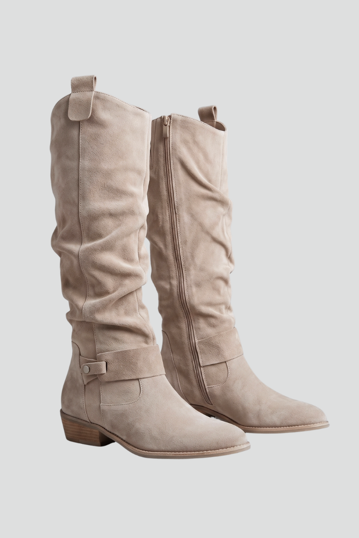 Bottes orthopédiques pour femmes, effet daim, hauteur genou - talon bloc bas, fermeture éclair latérale