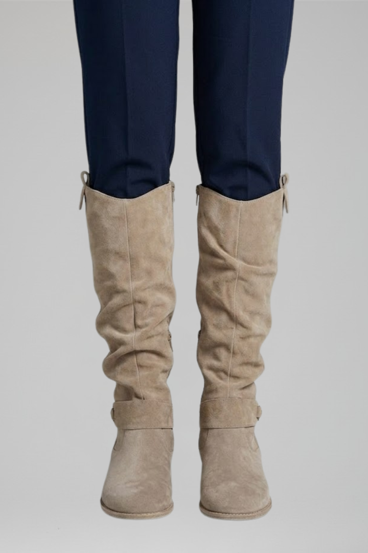 Bottes orthopédiques pour femmes, effet daim, hauteur genou - talon bloc bas, fermeture éclair latérale