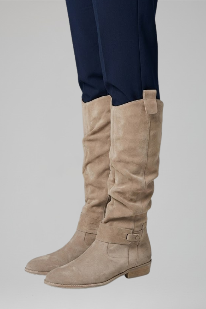 Bottes orthopédiques pour femmes, effet daim, hauteur genou - talon bloc bas, fermeture éclair latérale