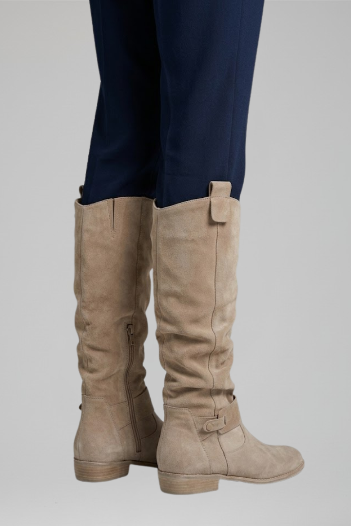 Bottes orthopédiques pour femmes, effet daim, hauteur genou - talon bloc bas, fermeture éclair latérale