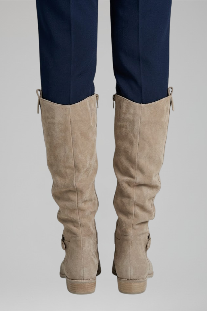 Bottes orthopédiques pour femmes, effet daim, hauteur genou - talon bloc bas, fermeture éclair latérale
