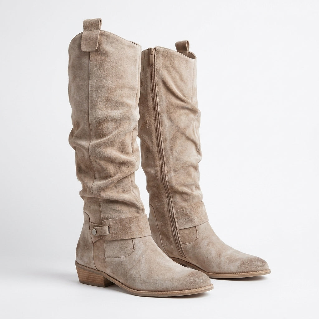 Women's Orthopedic Knee-High Suede-Look Boots – Low Block Heel, Side Zip