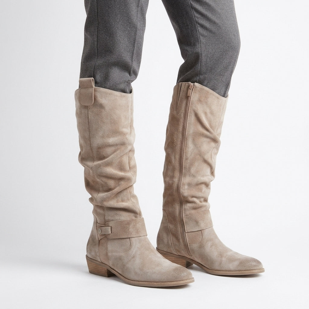 Women's Orthopedic Knee-High Suede-Look Boots – Low Block Heel, Side Zip
