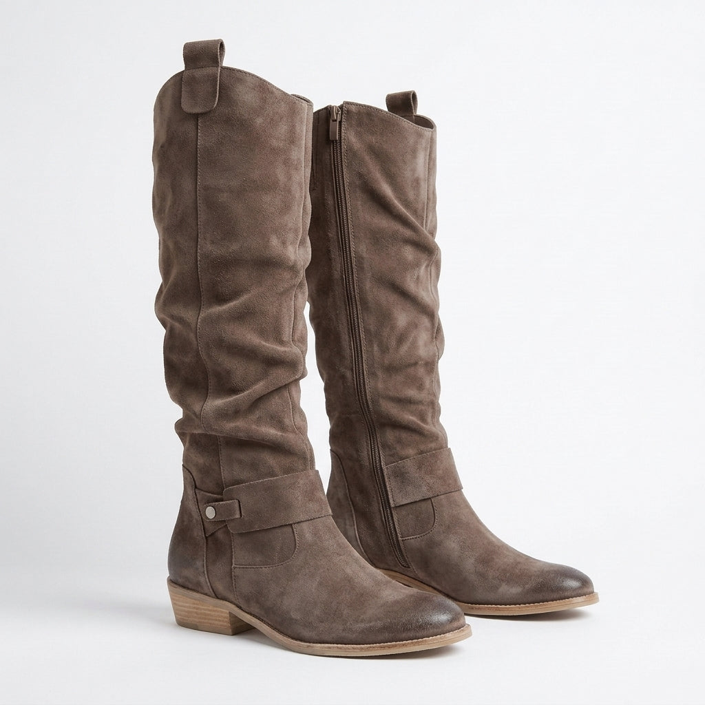Women's Orthopedic Knee-High Suede-Look Boots – Low Block Heel, Side Zip