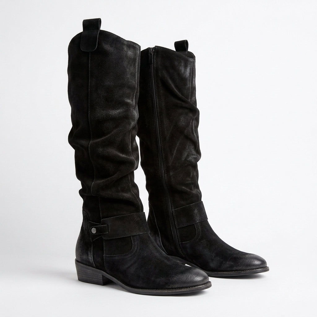 Women's Orthopedic Knee-High Suede-Look Boots – Low Block Heel, Side Zip