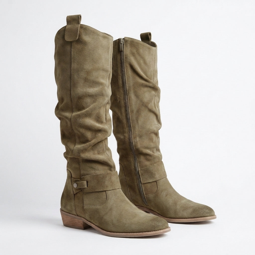 Women's Orthopedic Knee-High Suede-Look Boots – Low Block Heel, Side Zip