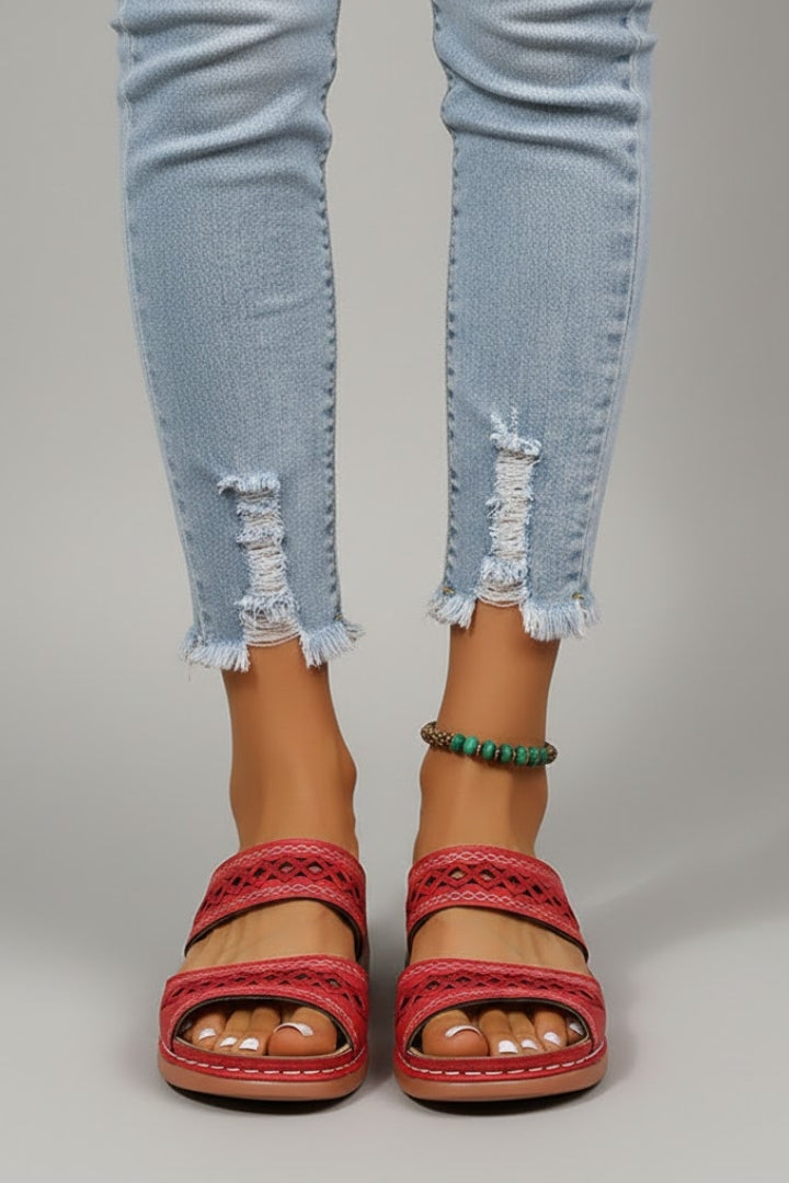 Sandali ortopedici da donna con doppia fascia e fori decorativi, scarpe aperte con punta aperta