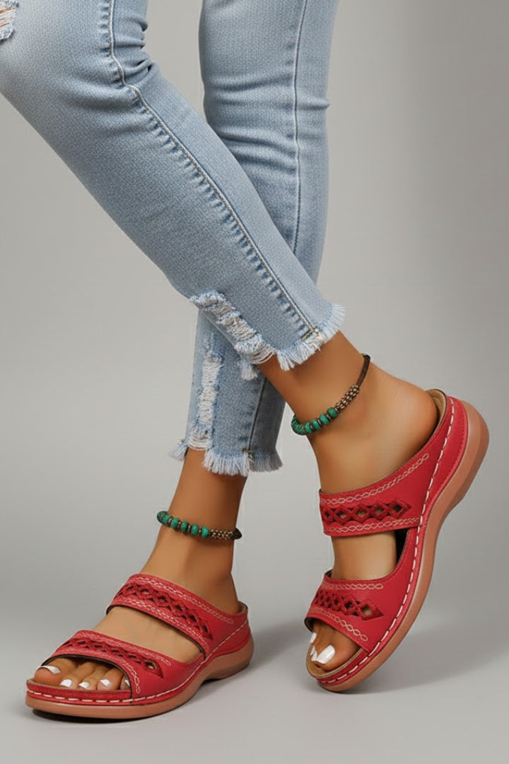 Sandali ortopedici da donna con doppia fascia e fori decorativi, scarpe aperte con punta aperta