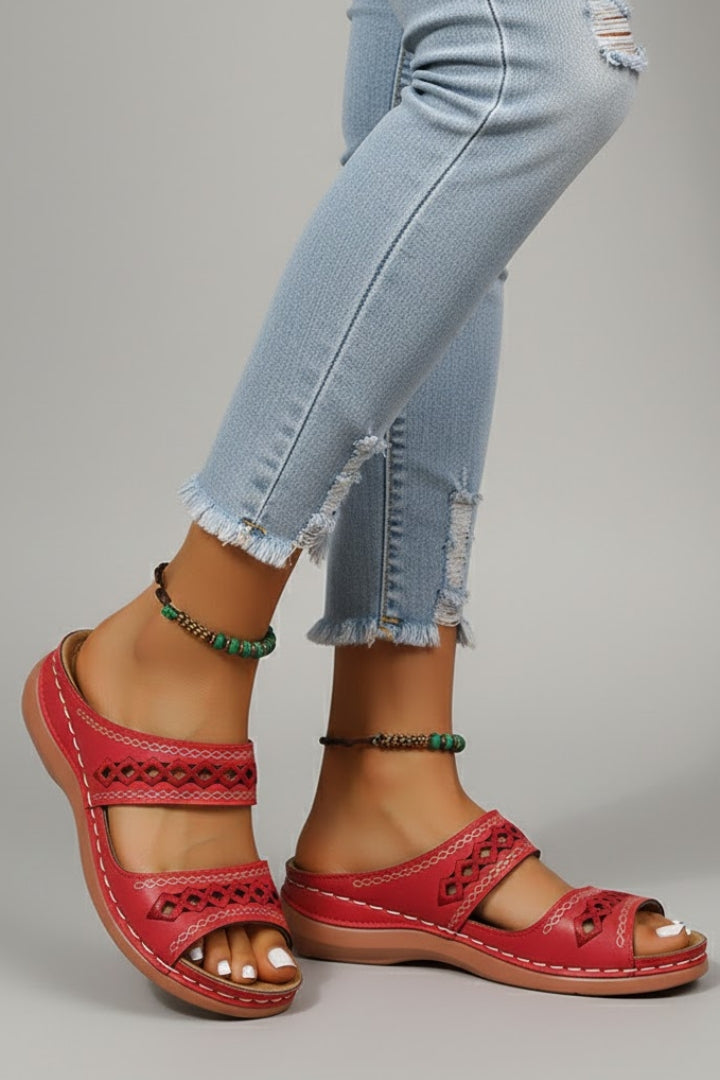Sandali ortopedici da donna con doppia fascia e fori decorativi, scarpe aperte con punta aperta
