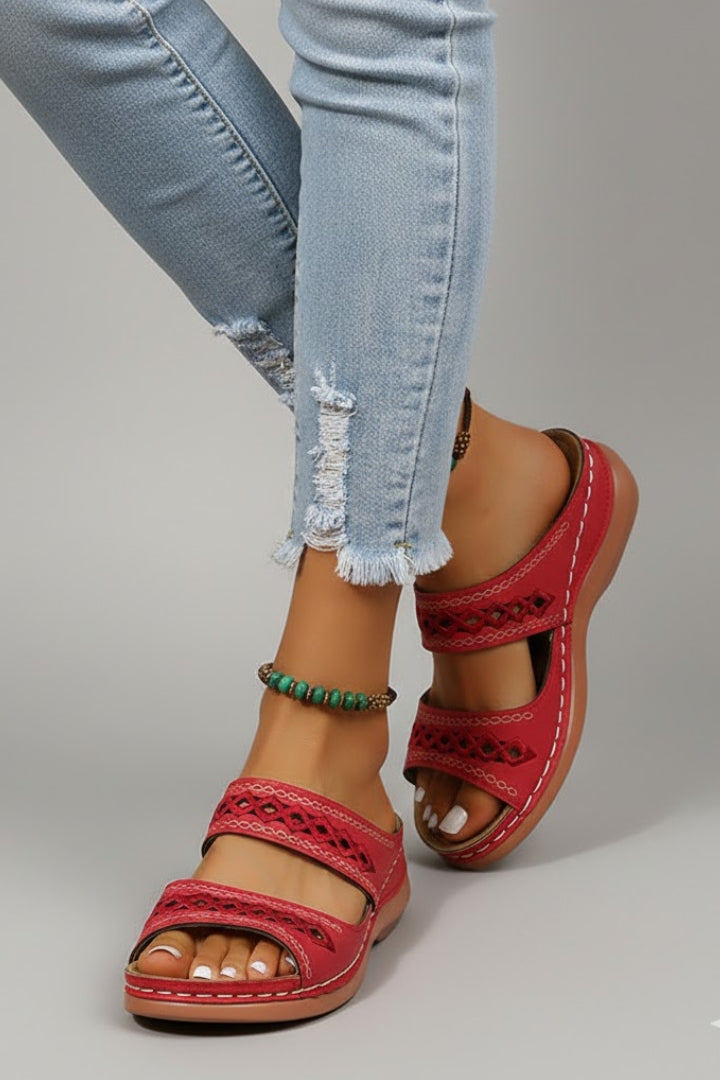 Sandali ortopedici da donna con doppia fascia e fori decorativi, scarpe aperte con punta aperta