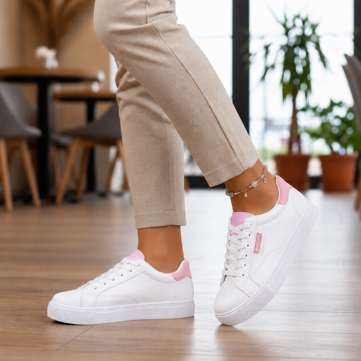 Sneakers eleganti da donna in pelle bianca, basse, con lacci, casual per studenti