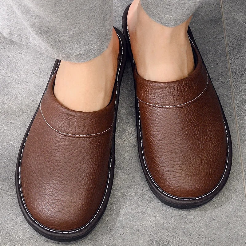 Chaussons en cuir pour homme à enfiler, chaussures d'intérieur avec semelle ergonomique rembourrée