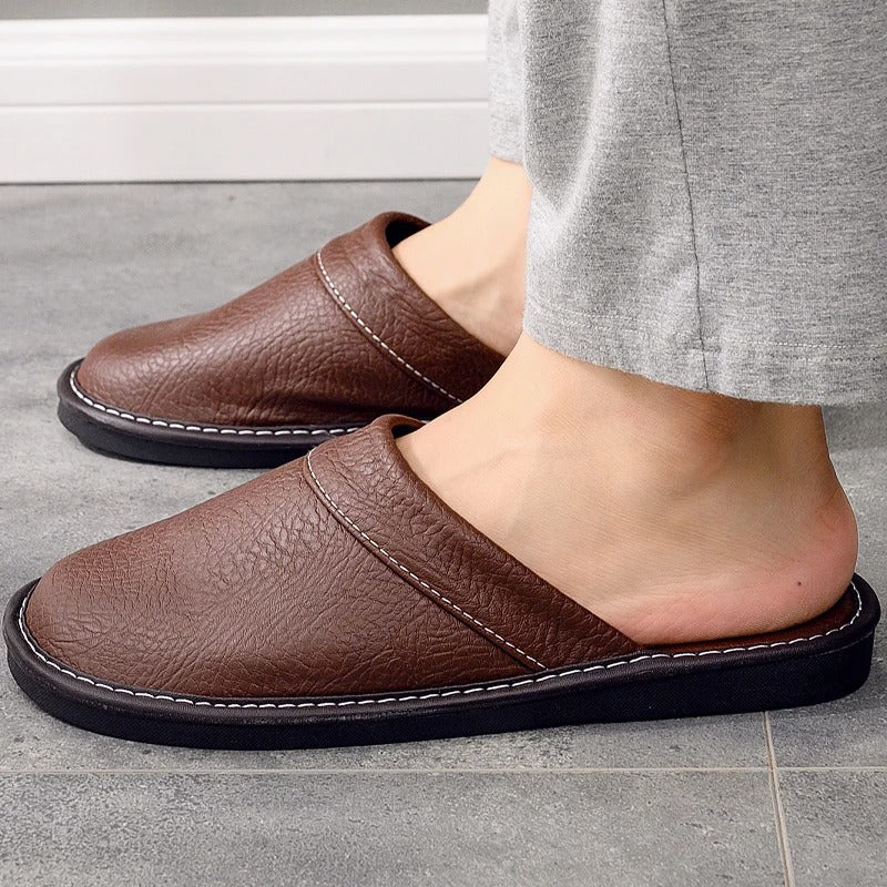 Chaussons en cuir pour homme à enfiler, chaussures d'intérieur avec semelle ergonomique rembourrée