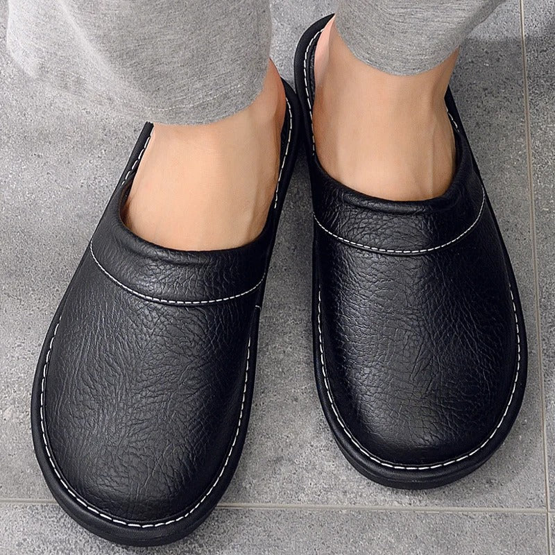 Chaussons en cuir pour homme à enfiler, chaussures d'intérieur avec semelle ergonomique rembourrée