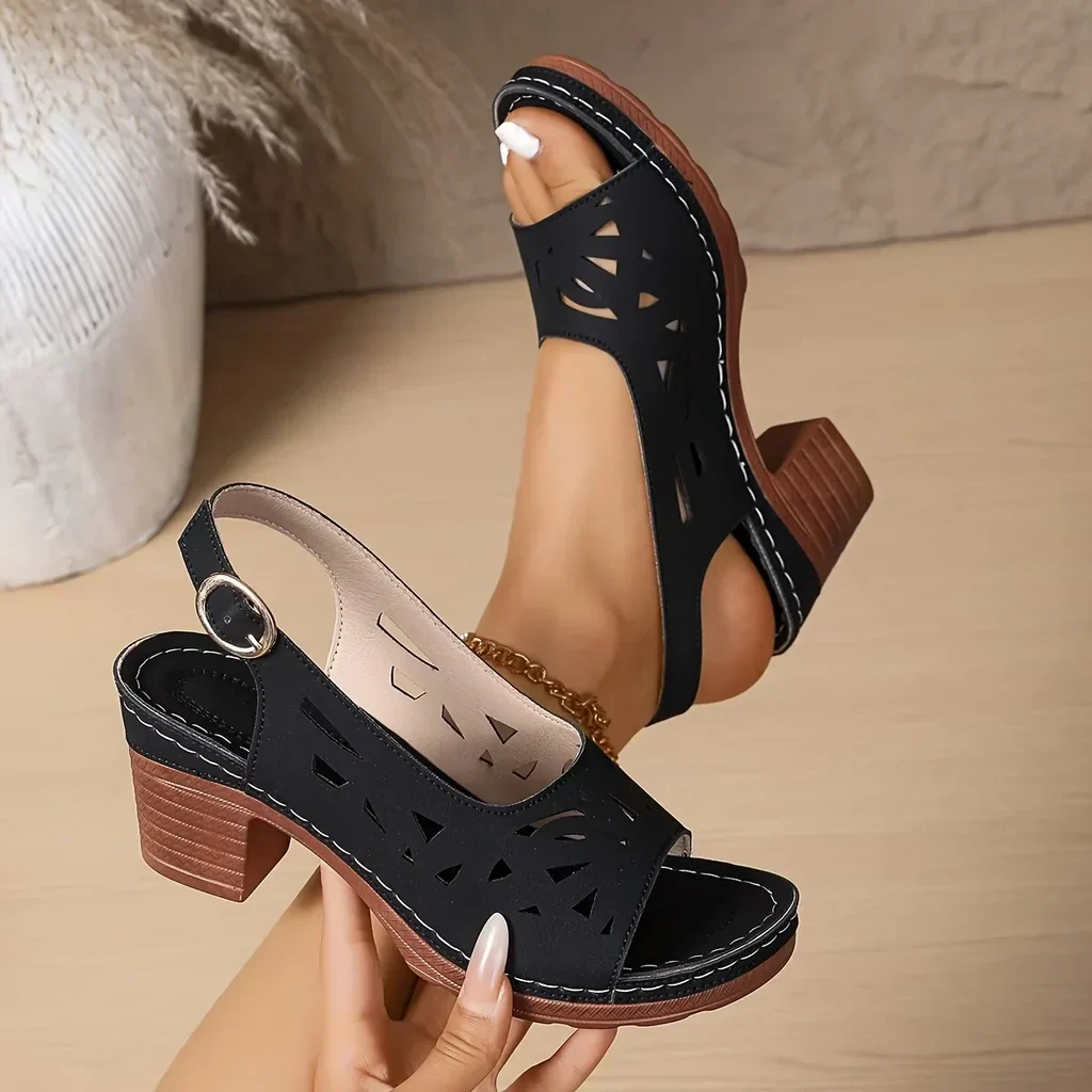 Sandales à talon bloc pour femmes, semelle orthopédique découpée au laser, chaussures de marche à bride arrière