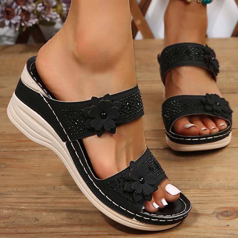 Papuci cu toc înclinat pentru femei, cu model floral, din piele PU, sandale retro romane cu platformă, slip-on