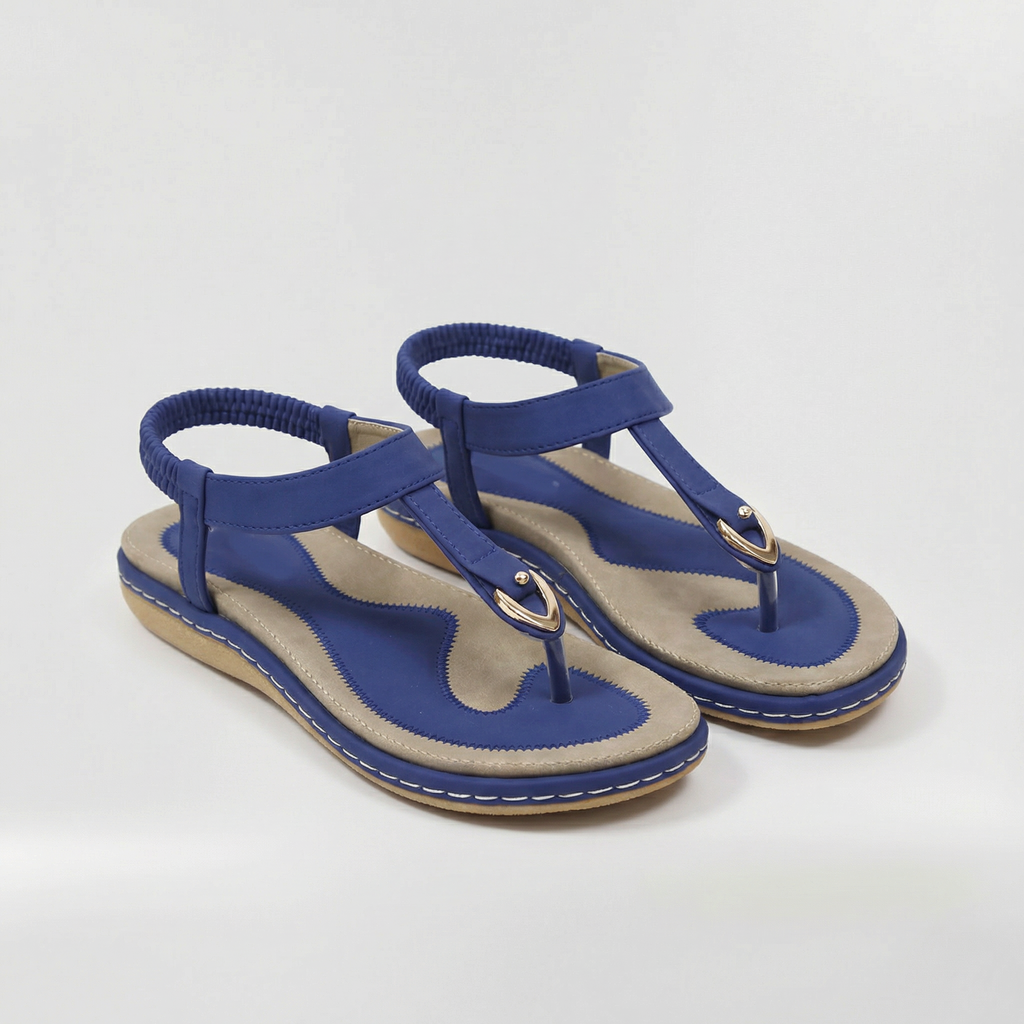 Sandales plates pour femmes à bride en T, bride élastique à la cheville, tongs avec détail métallique