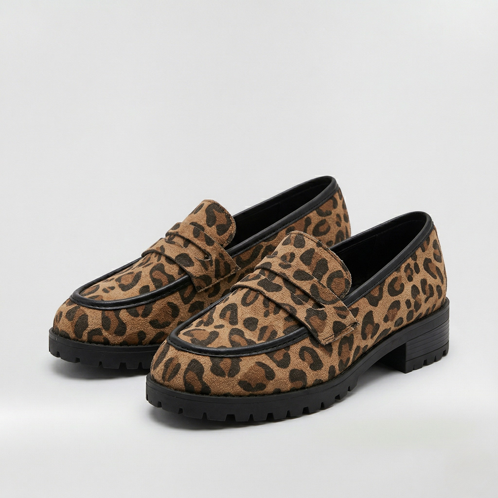 Mocassins pour femmes à imprimé léopard, bout rond, à enfiler, chaussures plates avec semelle crantée