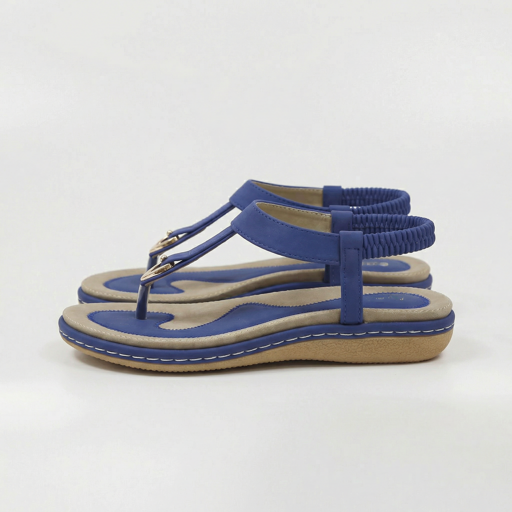 Sandales plates pour femmes à bride en T, bride élastique à la cheville, tongs avec détail métallique