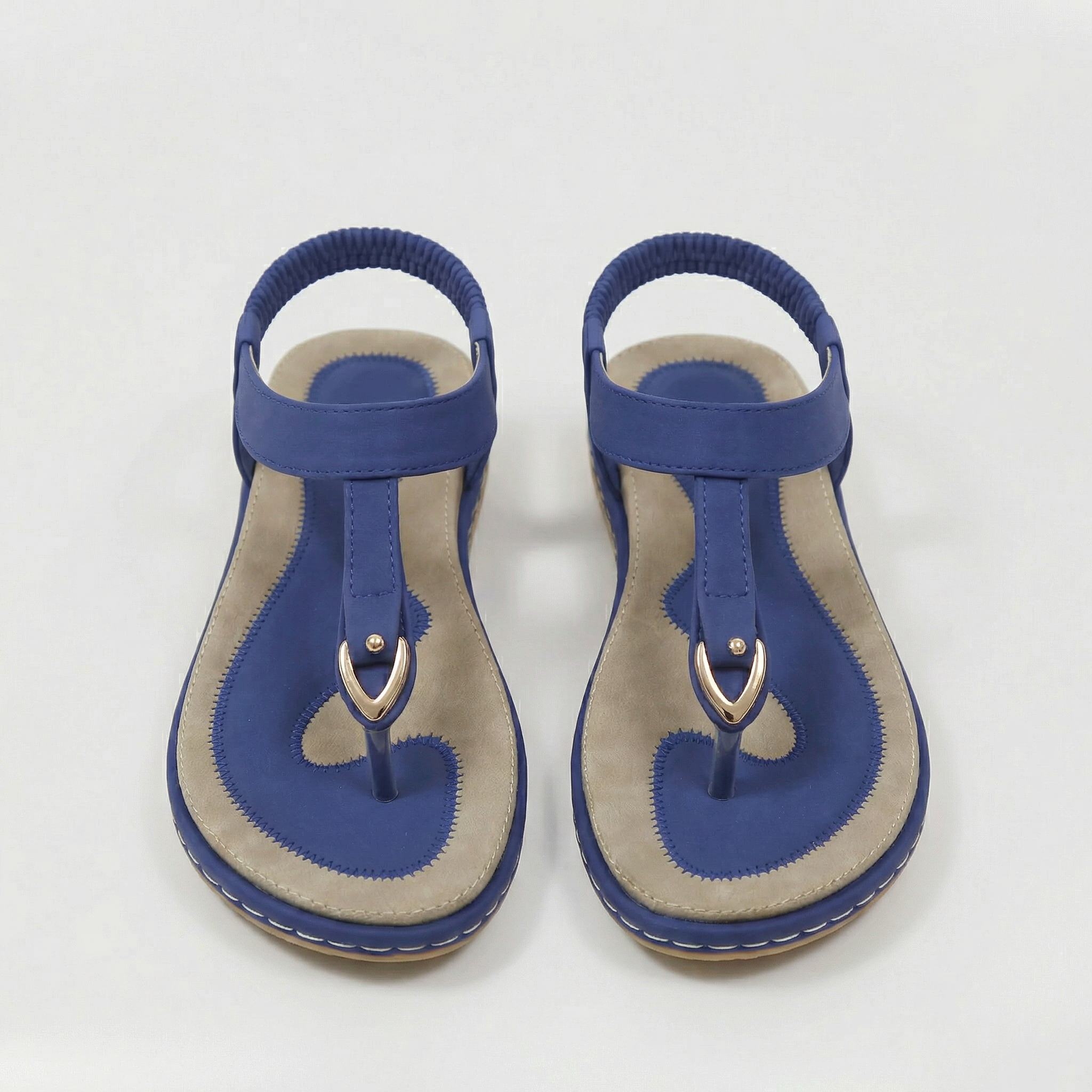 Sandales plates pour femmes à bride en T, bride élastique à la cheville, tongs avec détail métallique