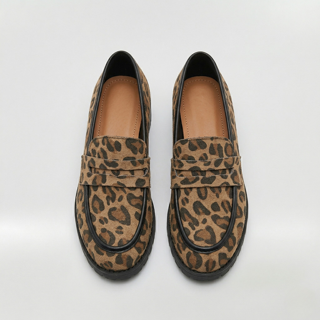 Mocassins pour femmes à imprimé léopard, bout rond, à enfiler, chaussures plates avec semelle crantée
