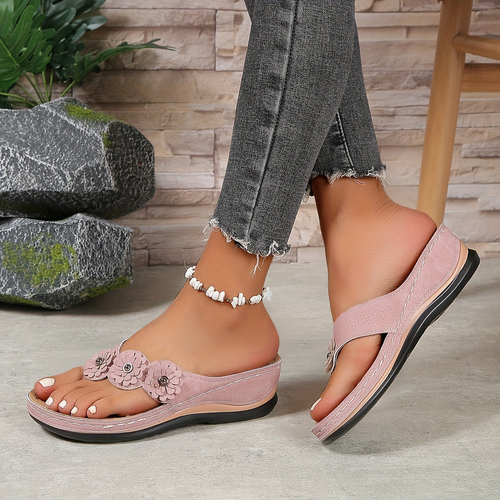 Orthopedic Synthetic Leather Wedge Sandals with Floral Appliques