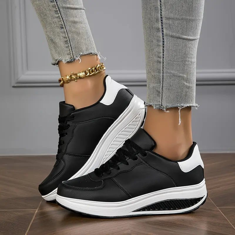 Chaussures de marche pour femmes, baskets à plateforme compensée en cuir PU respirant