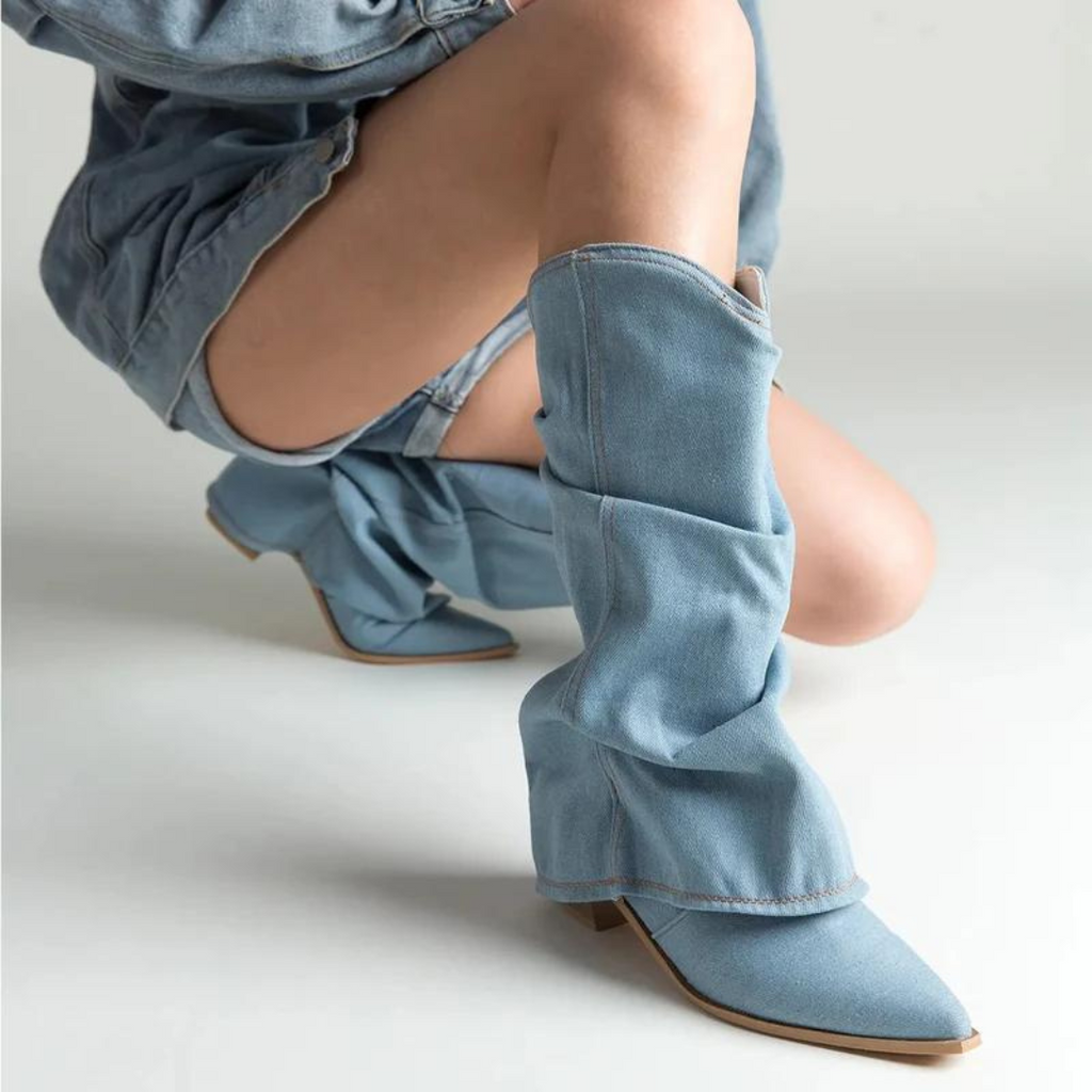 Bottes hautes à talon bloc confortables pour femmes – Détail plissé, design à bout pointu