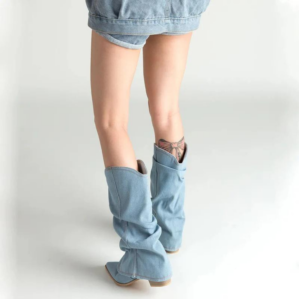 Bottes hautes à talon bloc confortables pour femmes – Détail plissé, design à bout pointu