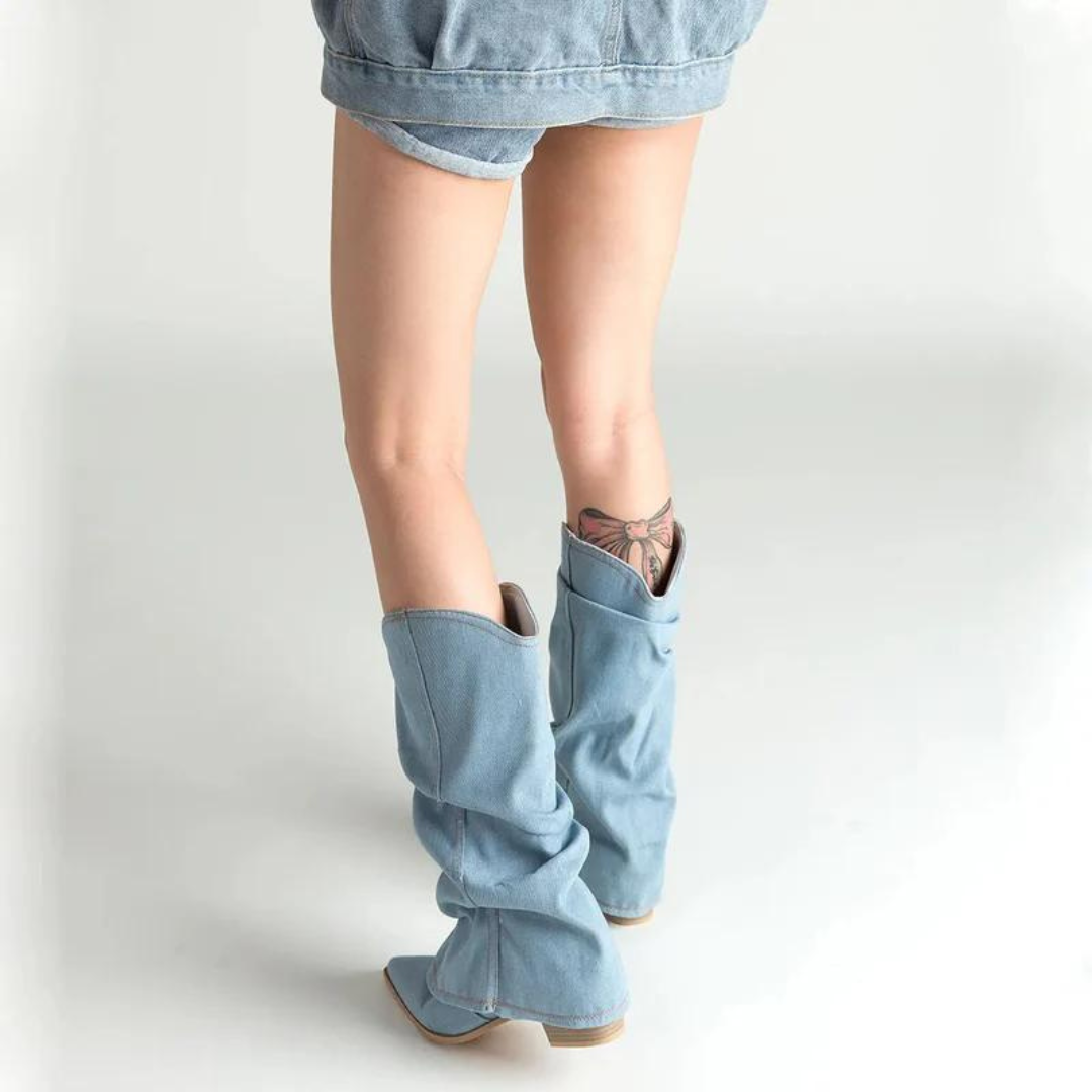 Bottes hautes à talon bloc confortables pour femmes – Détail plissé, design à bout pointu