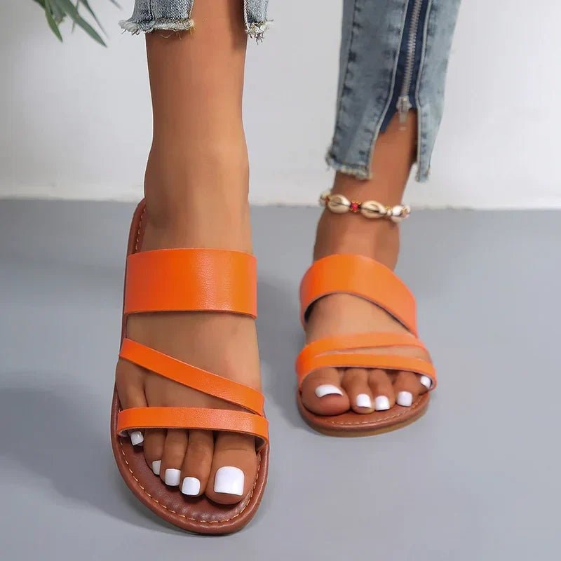 Sandale de damă din piele cu bretele încrucișate, încălțăminte slip-on cu talpă amortizată