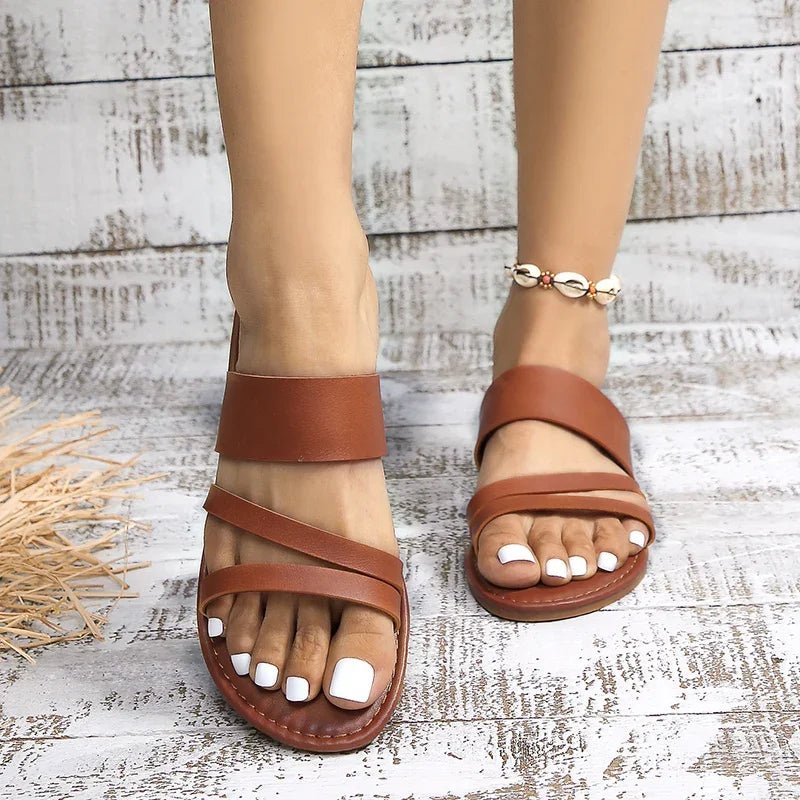 Women's Leather Sandals Cushioned Cross-Strap Slip-On Shoes