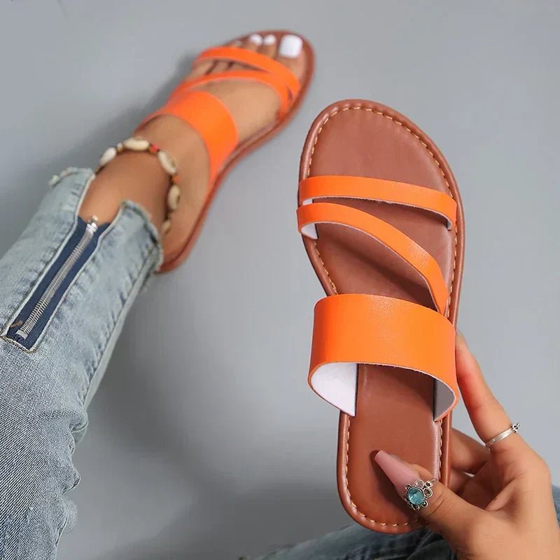 Women's Leather Sandals Cushioned Cross-Strap Slip-On Shoes