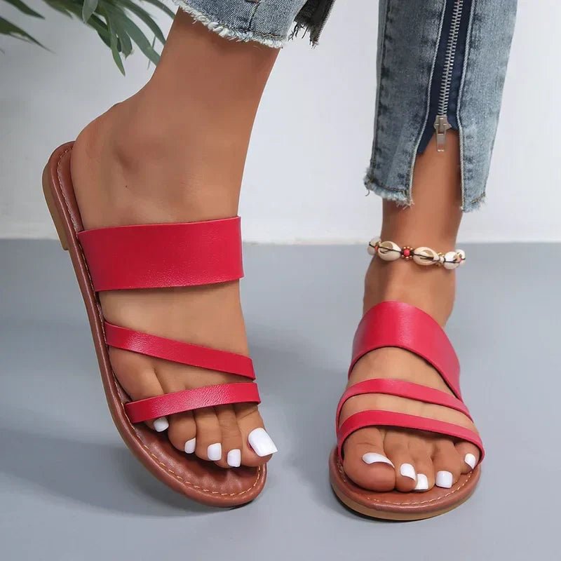 Sandale de damă din piele cu bretele încrucișate, încălțăminte slip-on cu talpă amortizată