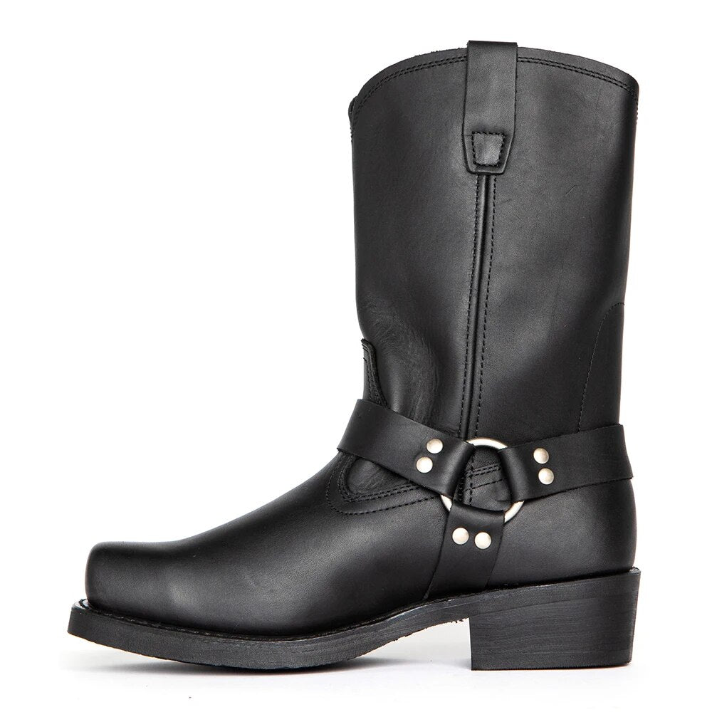 Botas vaqueras de cuero impermeables para hombre – Comodidad duradera, detalle de correa con hebilla