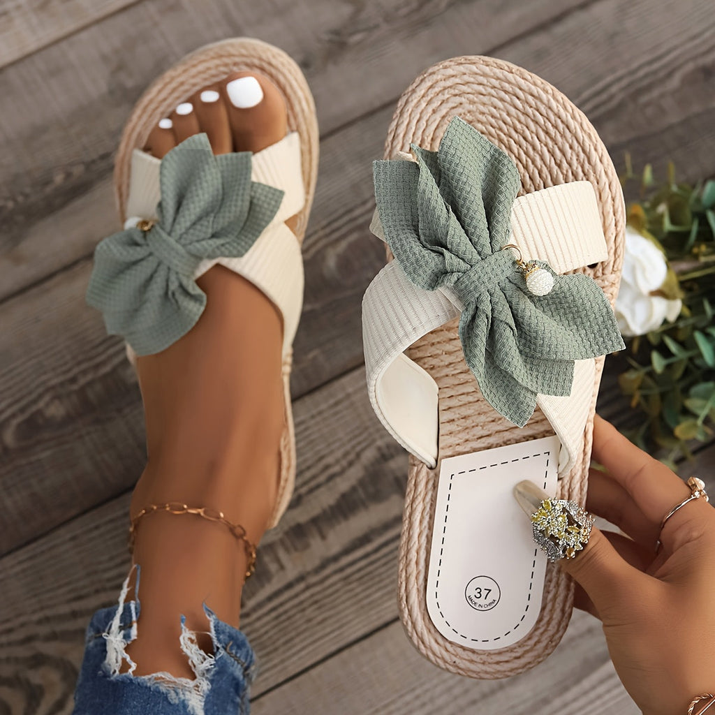 Women's Slide Sandals Braided Rope Footbed and Bow Detail